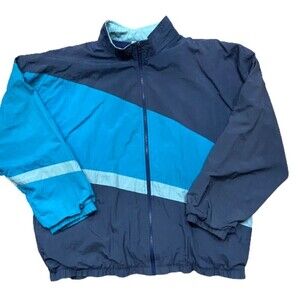 Cheetah Vintage Color Block Navy Teal Nylon Full Zip Windbreaker Jacket Men's L